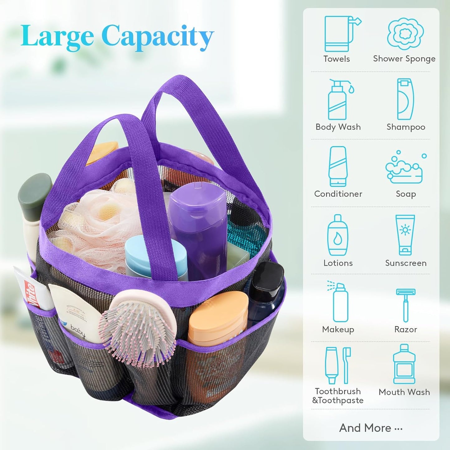 Lifewit Mesh Shower Caddy Freestanding Portable Shower Tote Bag for College Dorm, Bathroom,Gym,Travel, Quick Dry Hanging Shower Organizer with 7 Storage Pockets for Toiletry Essentials, Purple