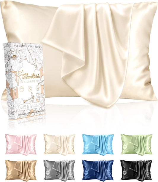 Silk Pillowcase 2 Pack - Pillow Cases King Set of 2 Size 20" x 36" for Hair and Skin Smooth Soft Breathable with Hidden Zipper Cooling Pillow Covers for Sleeping Women, Beige