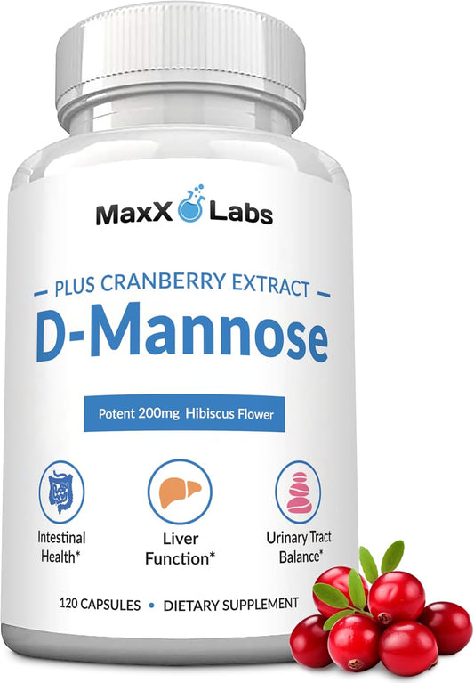 D Mannose Capsules - Fast Acting 1400 MG Extra Strength DMannose Capsule for Bladder Health with Potent Cranberry Extract & Hibiscus Flower Supports UTI Relief Supplement - 120 Ct