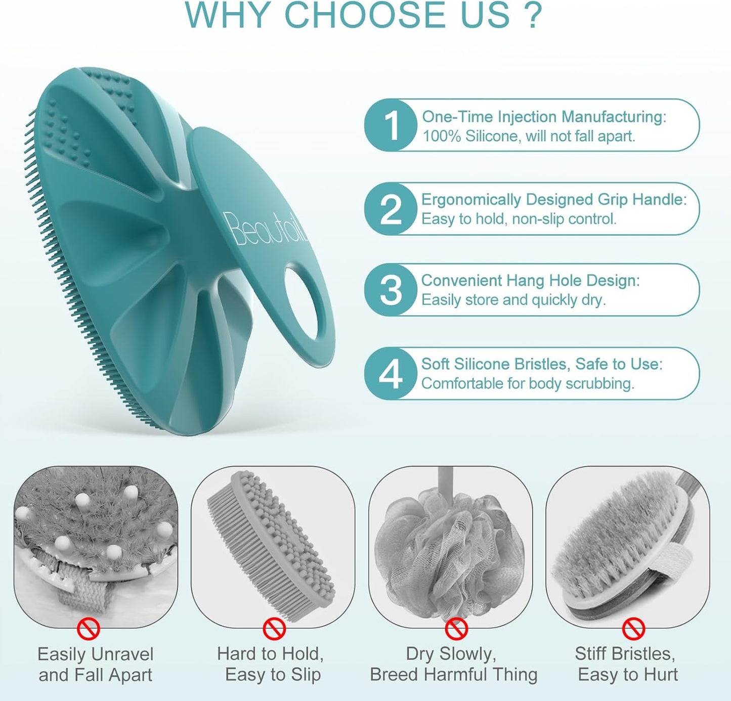 Silicone Body Scrubber Shower Bath Wash Brush Gentle Exfoliating Scrub Cleansing Loofah for Women Men Baby Sensitive Skin, Easy to Clean, Lather Nicely, More Hygienic, 1 Pack, Cyan