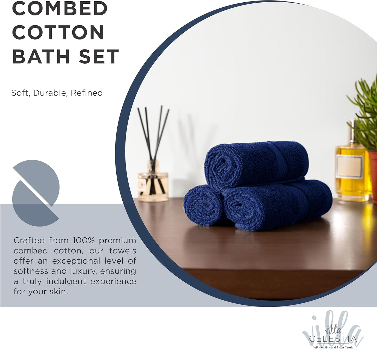 100% Combed Cotton Bathroom Towel Set of 10- 2 Bath Towels, 4 Hand Towels, 4 Wash Cloths, Sustainable, Soft, Highly Absorbent 10 Piece Cotton Bath Towel Set for Hotels, Spa, Bathroom, Dorm, Navy Blue