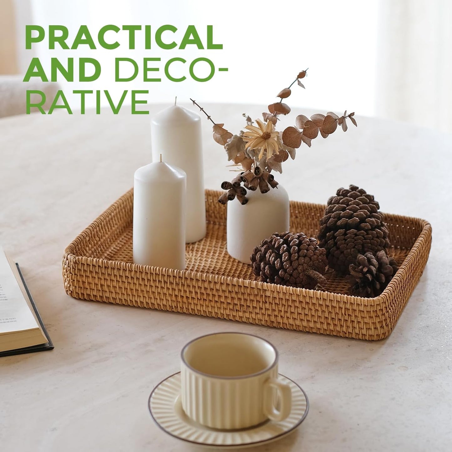 Wicker Storage Basket, Rattan Tray Rectangular for Bathroom Living Room, Decorative Serving Woven Trays Wicker Baskets for Organizing, Woven Seagrass Tray for Storage Home Decor L(14.6" × 9.1")