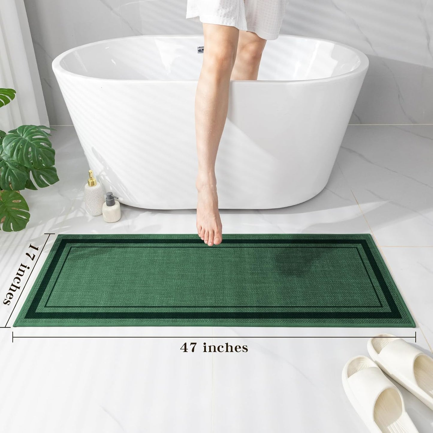 chakme Bathroom Rugs Mat 47x17, Ultra Thin Non Slip Bath Rug Runner Quick Dry Absorbent Bath Mat for Bathroom, (Dark Green, 47"x17")