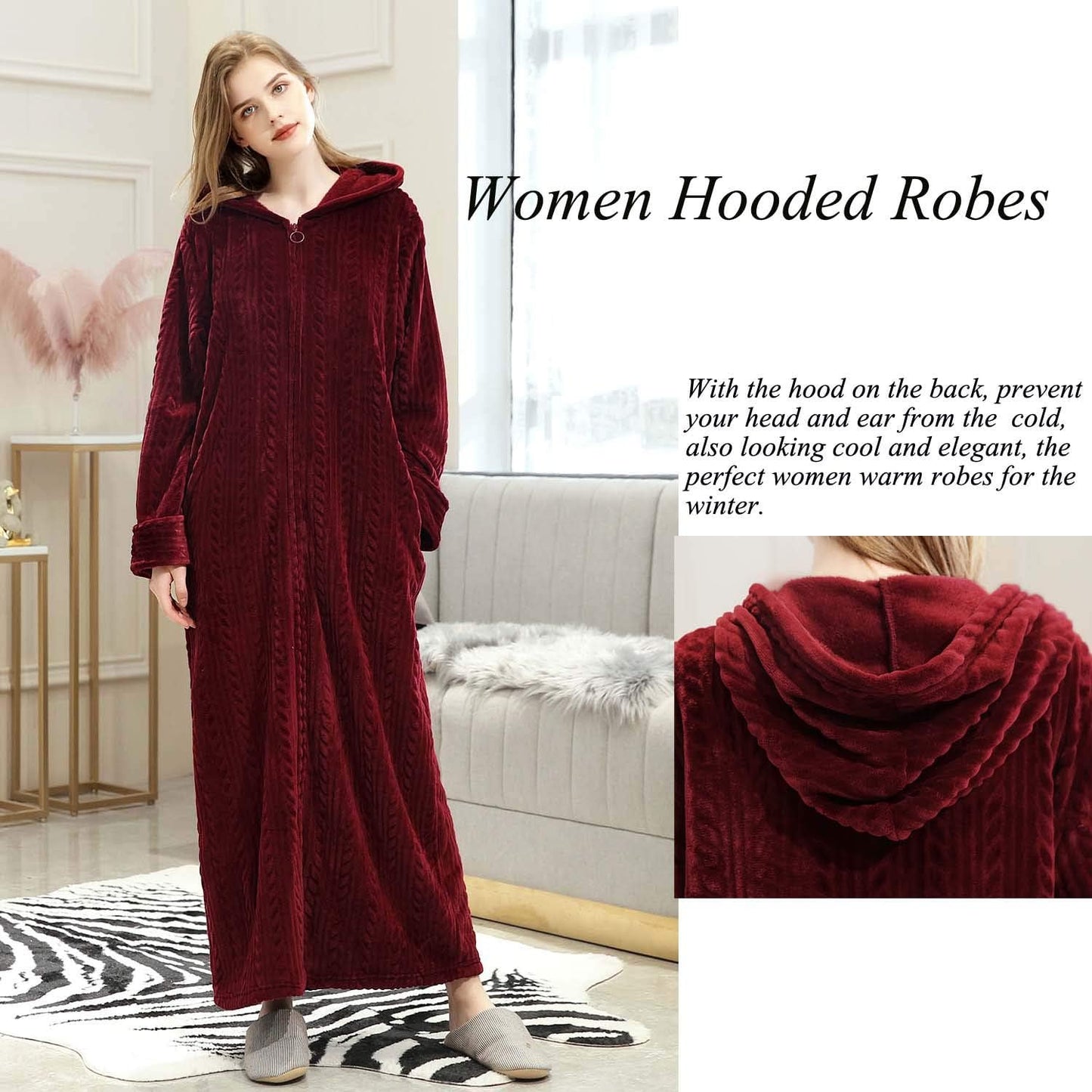 Hellomamma Long Hooded Zipper Bathrobe for Womens Flannel Fleece Robes Winter Warm Housecoat Nightgown Sleepwear Pajamas