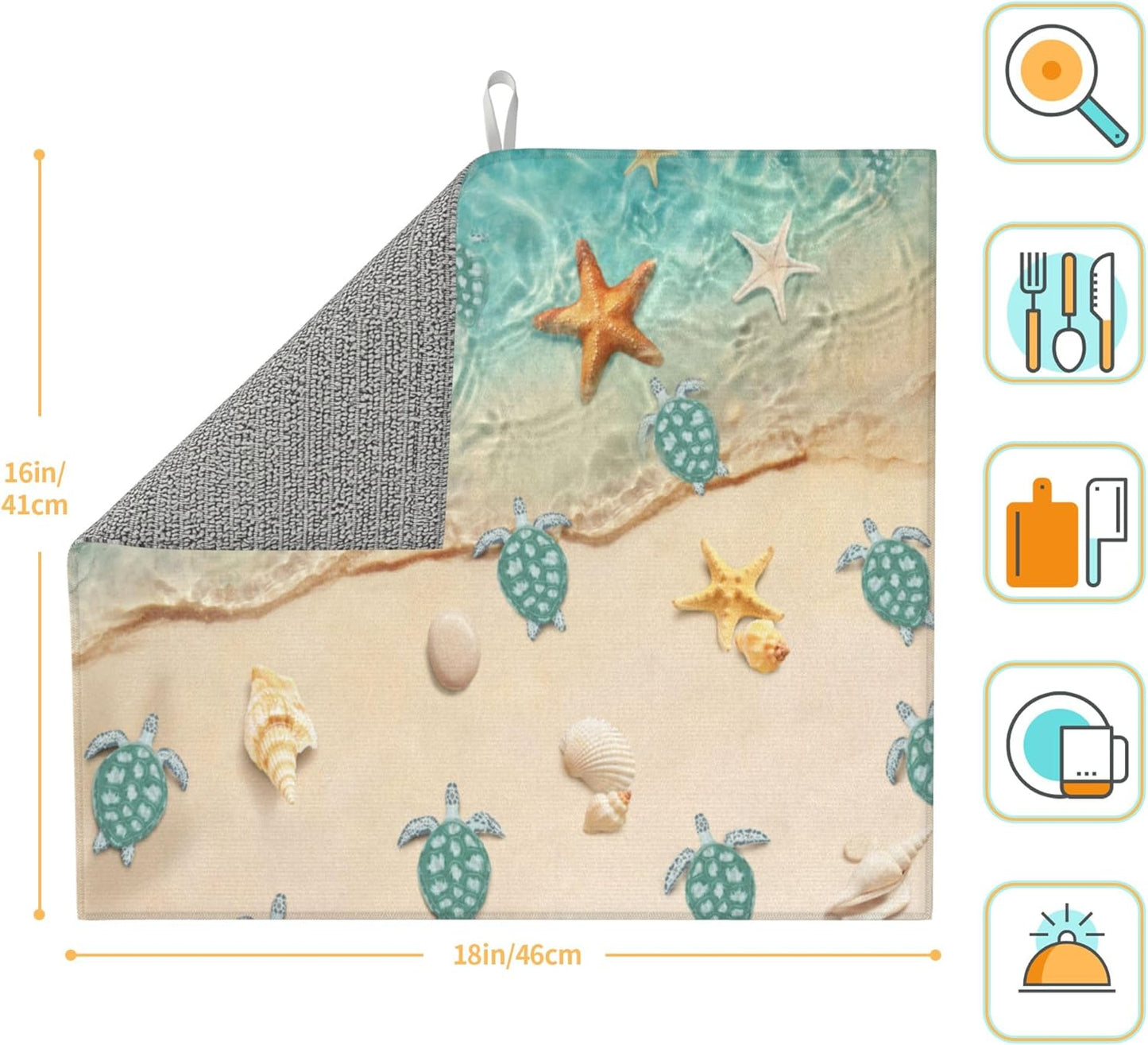 Sea Turtles Beach Dish Drying Mat for Kitchen Counter Washable Absorbent Reversible Microfiber Teal Nautical Decor Drying Pad Kitchen Accessories 16x18 Inch Yellow