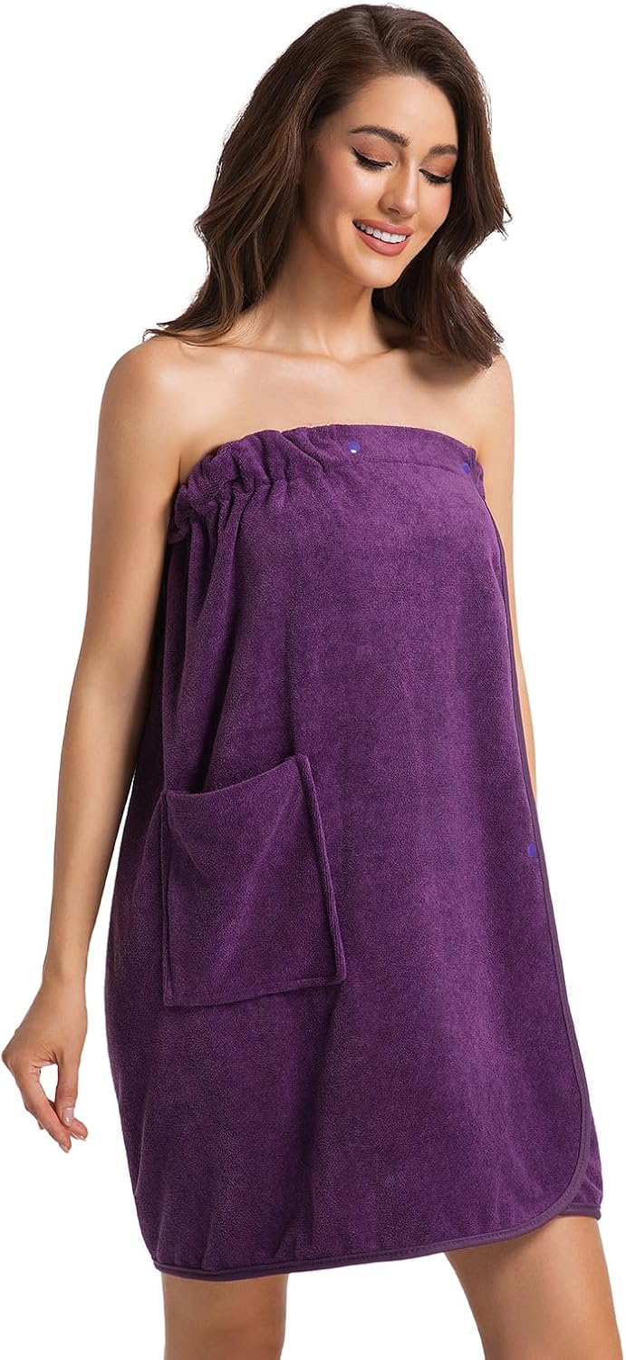 Womens Towel Wrap Bath Robe Lightweight Spa Body Wrap Shower Adjustable Snap Closure Bathrobe