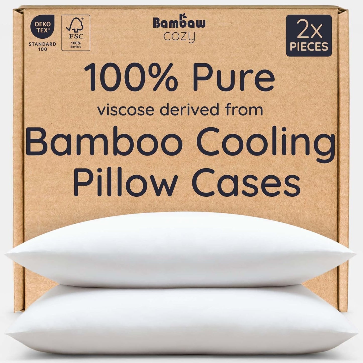 Bambaw 100% Viscose Derived from Bamboo Pillowcase Queen Size – Set of 2 Queen Cooling Pillow Cases with Envelope Closure, Breathable & Super Soft Pillow Cases, Anti Acne Pillow Case (White)