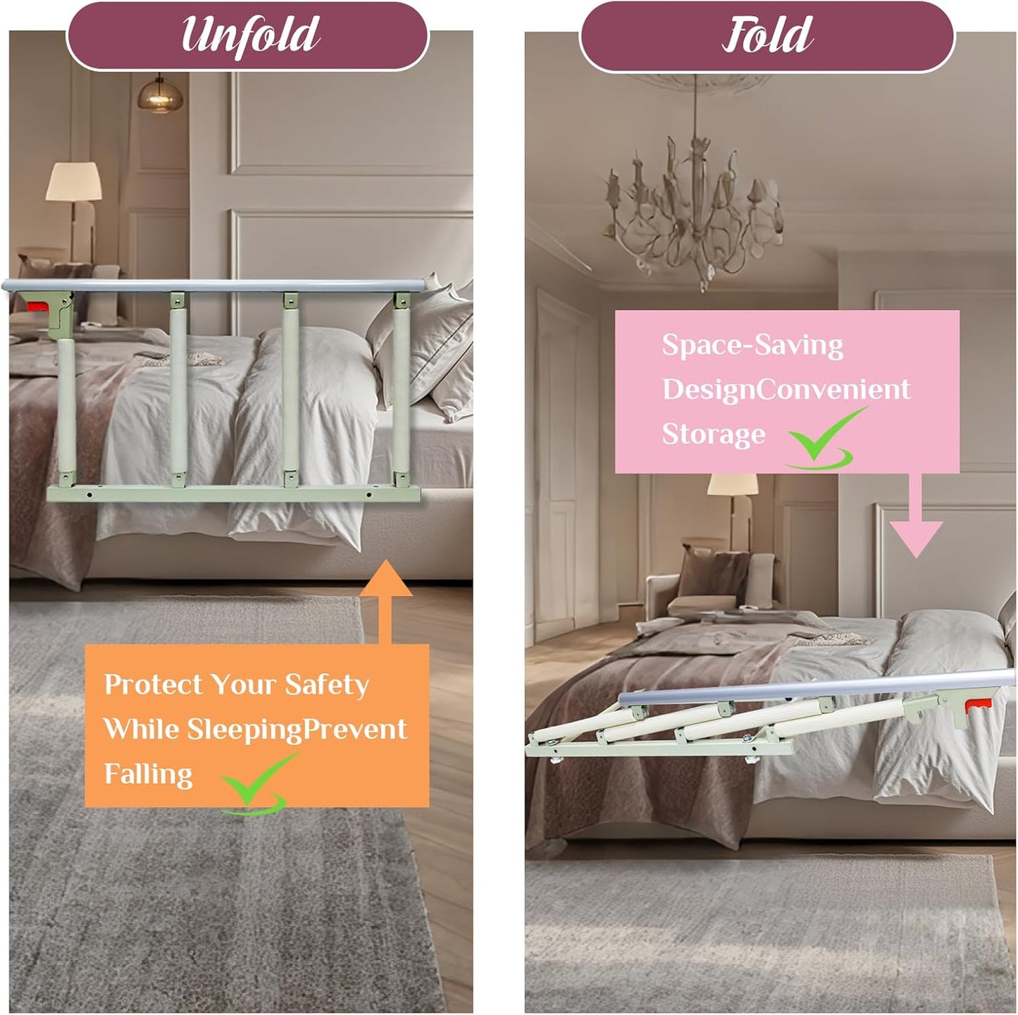 30″ Folding Bed Rail–Safety Bed Rails for Elderly Adults (Twin–King,Tool-Free) Supports300lbs|Non-SlipStrap&FoamBase|180°Fold-DownDesign|Height17–21″Adjustable|PaddedGrip&OrganizerPouch