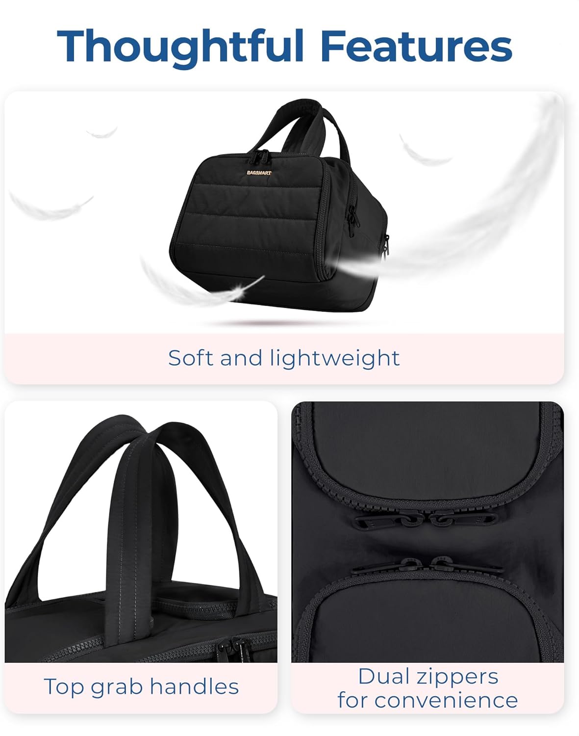 BAGSMART Travel Toiletry Bag, Lightweight Large Wide-open Travel Bag for Women, Puffy Cosmetic Makeup Bag Organizer with Handle for Accessories,Essentials, Toiletries, Black