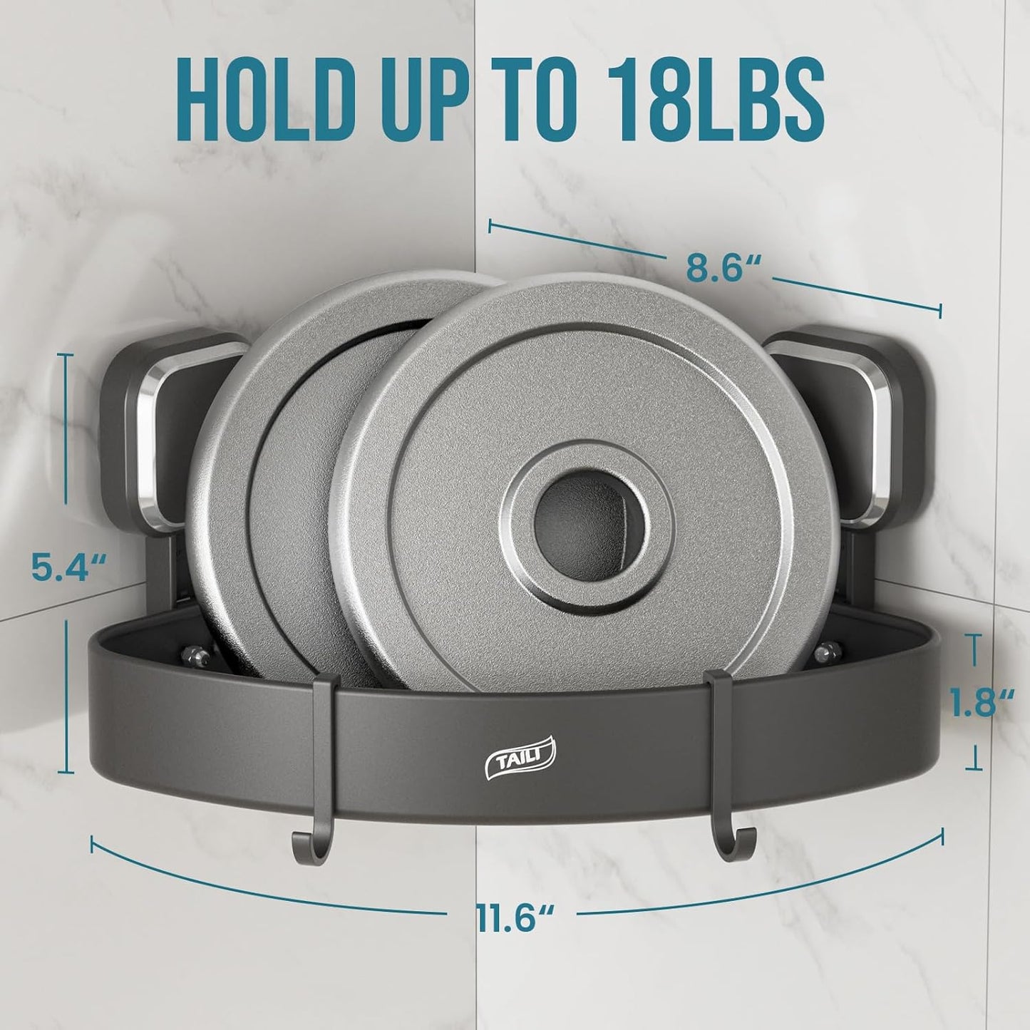 TAILI Corner Shower Caddy with Suction Cup Hooks, Aluminum Corner Shelf Basket， Wall Mounted Organizer Rack for Shampoo, No-Drilling Rustproof for Kitchen and Bathroom