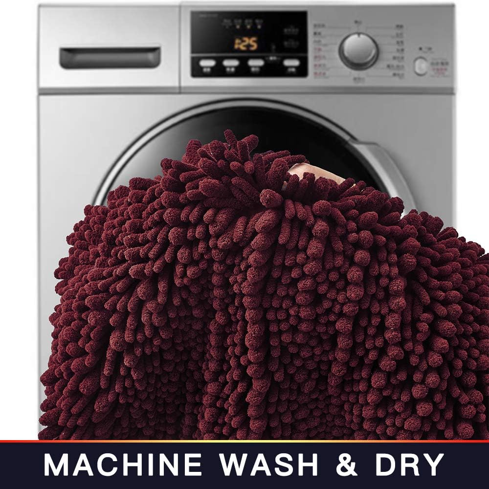Walensee Bathroom Rug Non Slip Bath Mat (44x24 Inch Burgundy) Water Absorbent Super Soft Shaggy Chenille Machine Washable Dry Extra Thick Perfect Absorbant Best Large Plush Carpet for Shower Floor