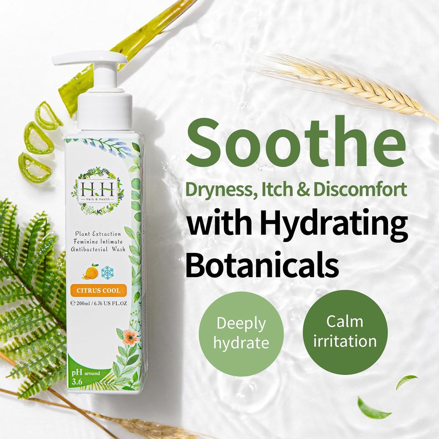 HH Herb & Health Feminine Wash for Women, pH3.6 Lactobacillus Cleanser with Botanical Extracts, Hydrating & Cooling Intimate Care for Odor Dryness and Itch, Sensitive Skin Safe, Citrus Scent Cool