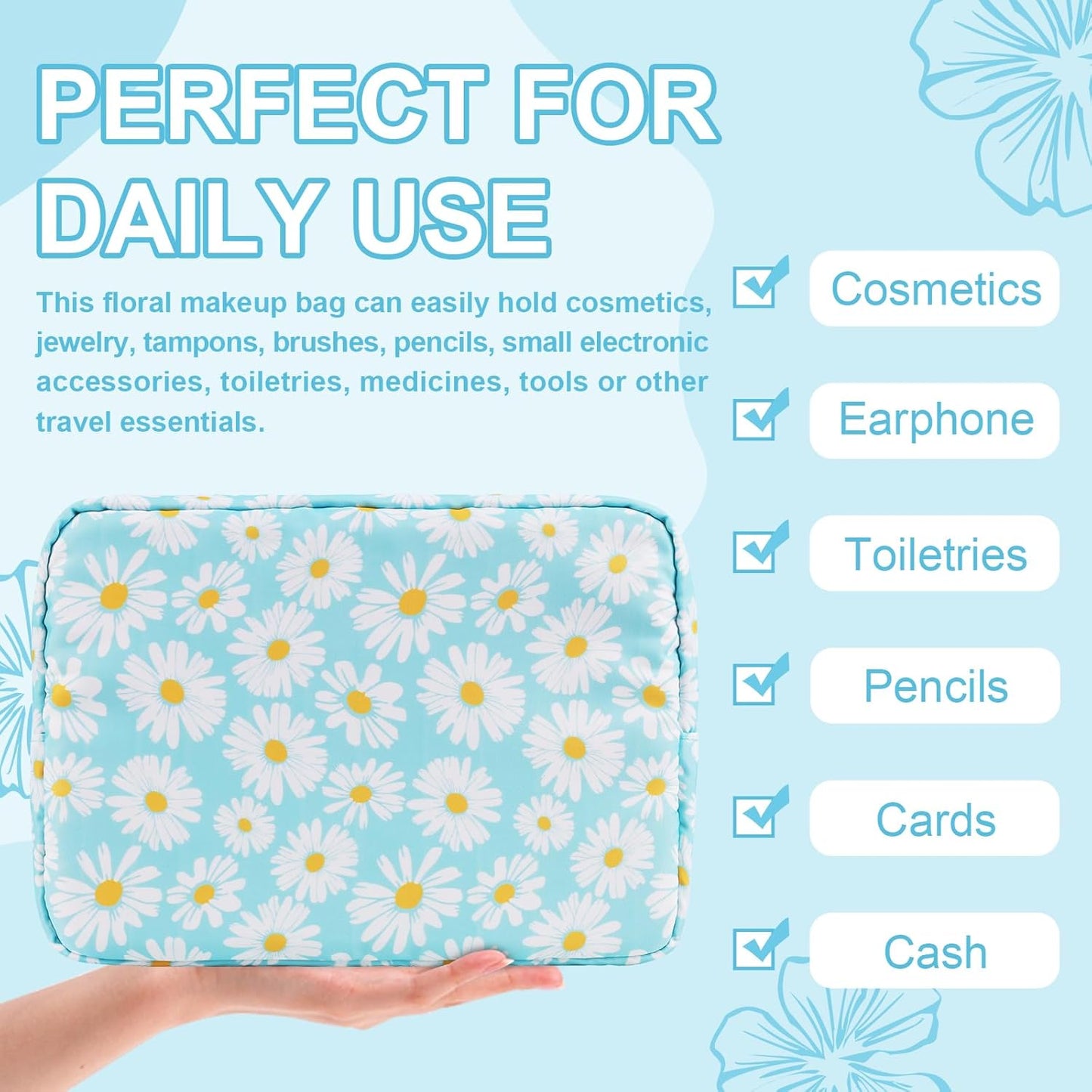 Waterproof Large Floral Makeup Pouch,Nylon Travel Toiletry Storage Purse Preppy Cosmetic Bag for Women Girl,Large Capacity Makeup Organizer Zipper Pouch for Work(L Blue-Daisy)