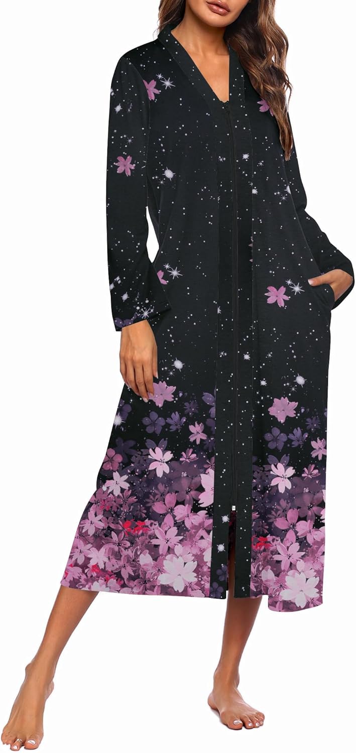Ekouaer Women Zipper Robe Long Sleeve Loungewear Lightweight Housecoat Full Length Nightgown with Pockets