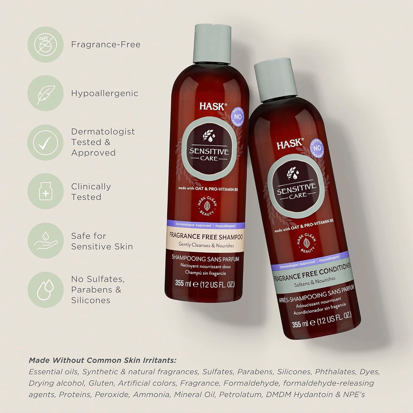 HASK Sensitive Care Shampoo + Conditioner Set | Fragrance-Free, Paraben-Free, Sulfate-Free, Gluten-Free, Vegan, Cruelty-Free, Color Safe | 12oz each