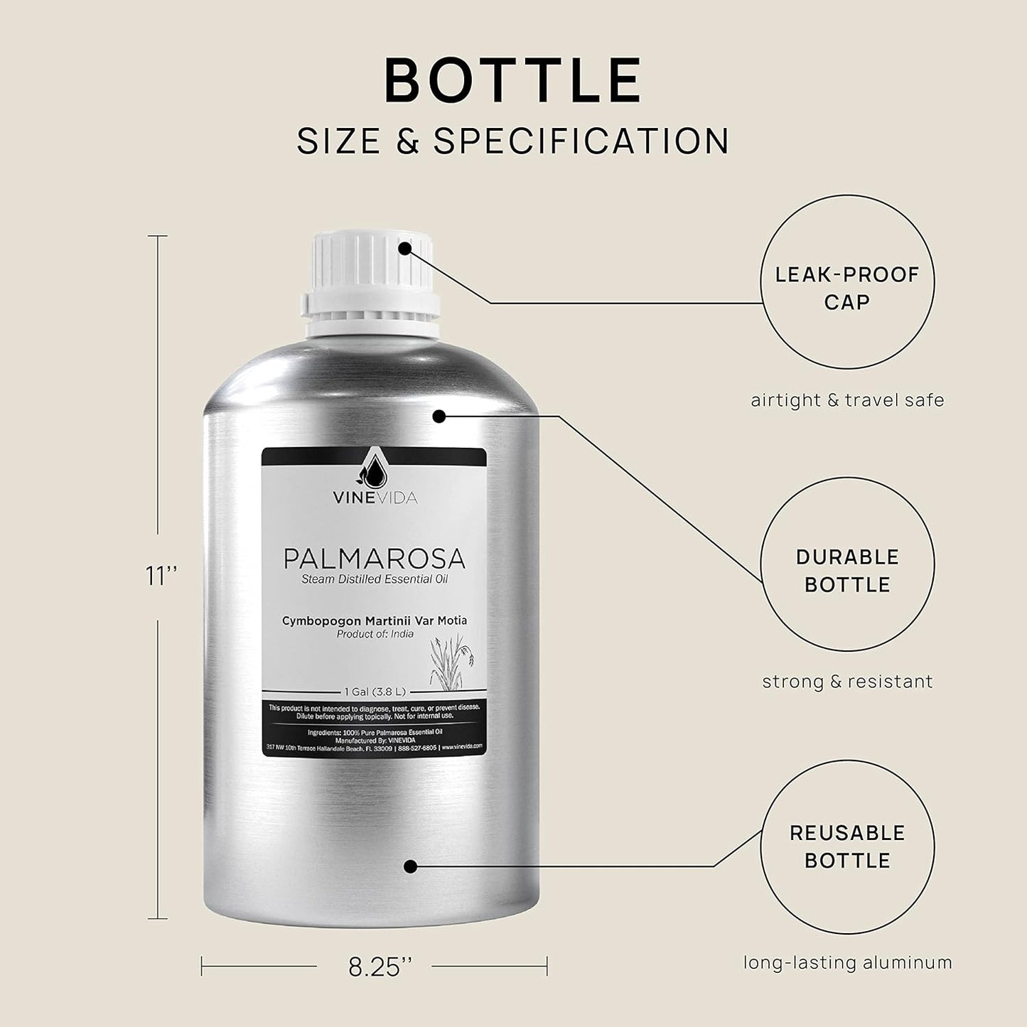 VINEVIDA Palmarosa Essential Oil - Gallon Palmarosa Oil Undiluted - Bulk Gallon Essential Oil for Soap Making Safe for Skin - DIY Candle Scents for Candlemaking - 8 lbs