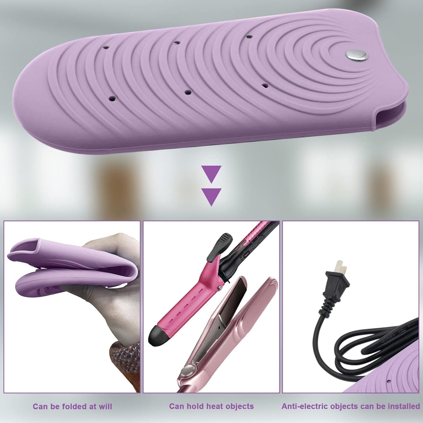 Heat Resistant Silicone Mat Pouch for Hair Styling Tools, Curling and Flat Irons Non-Slip Travel Cover, Small Portable Straightener Pad for Curler Wands Storage, Hot Waver (Purple)