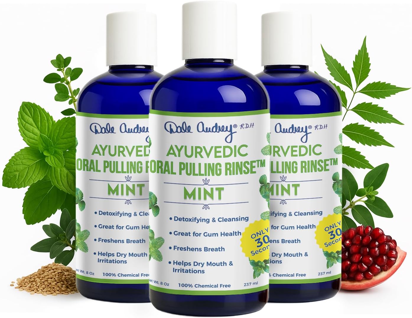 Pack of 3 Ayurvedic Organic Oil Pulling for Teeth and Gums | Refreshing Mint Flavored Oral Rinse Mouthwash | Essential Oils for Bad Breath | Teeth Whitening Pulling Oil & Gum Care Mouthwash-8 FL Oz