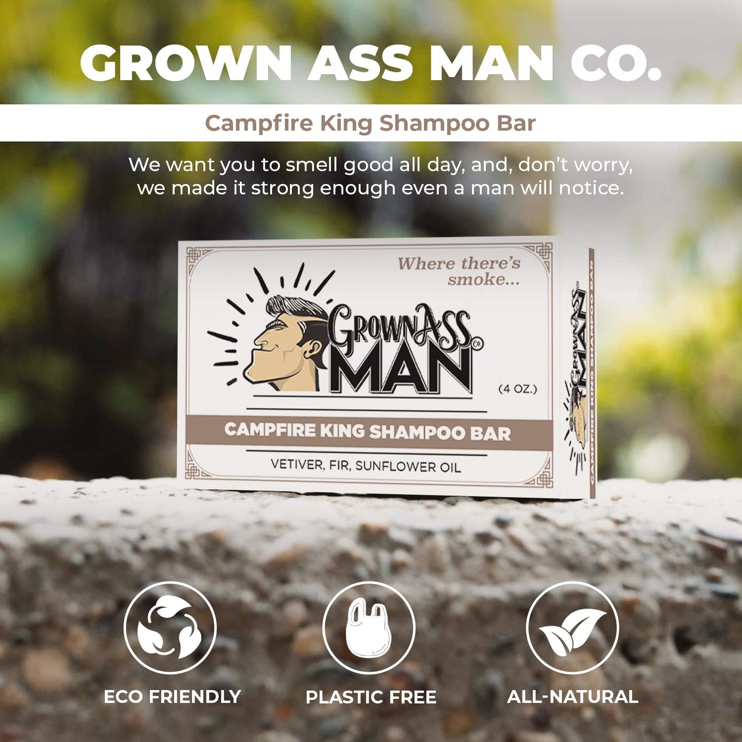 Grown Ass Man Co. - Solid Shampoo Bar Rich Lather 3 in 1: Hair, Beard & Body Wash - Plastic Free & Eco-Friendly, Natural & Organic Clean for All Hair Types, 4oz Bar (Campfire King, 6-Pack)