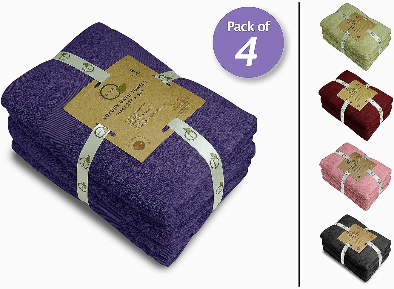 Softolle Luxury Bath Towels Set of 4 (27” x 54”) | Towels for Bathroom | Super Soft | Highly Absorbent Towels for Home, Spa, Gym (Purple)