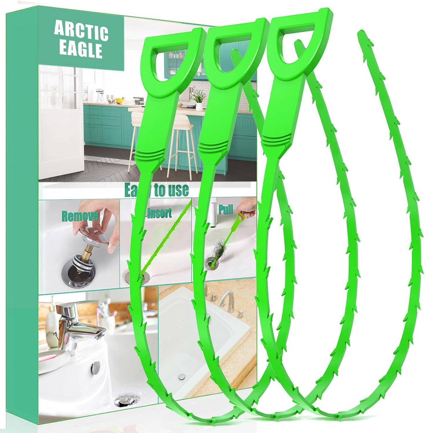 Drain Snake Hair Drain Clog Remover - 3 Pack Shower Snake Sink Unclogger Tool with Exquisite Packaging (Green)