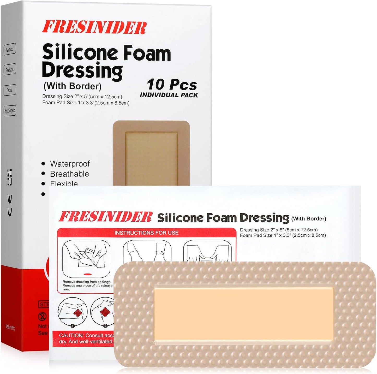FRESINIDER 2" x 5" Pack of 10 Silicone Foam Wound Dressing - Waterproof Adhesive Bandages with Bordered - Super Absorbent & Breathable for Optimal Wound Care