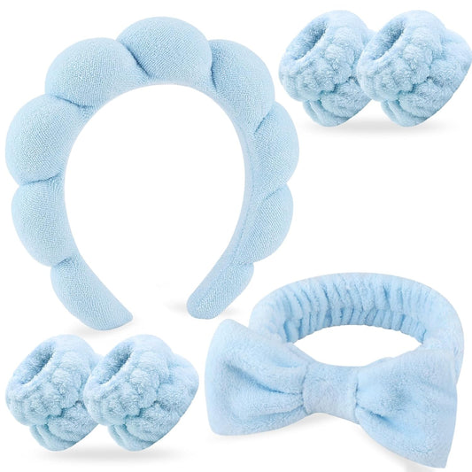 Zkptops 6Pcs Spa Headband for Washing Face Wristbands Set Women Bubble Skincare Makeup Sponge Blue Terry Cloth Padded Puffy Headband Bow Tie Hairband Cute Non Slip Thick Hair Accessory Gifts