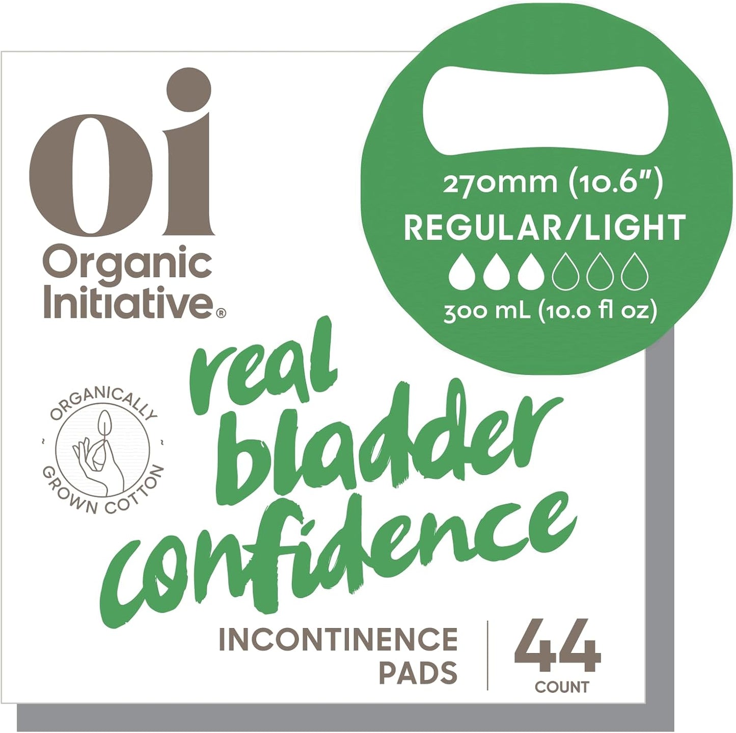Oi | Organic Initiative Incontinence Pads for Women, Certified Organic Cotton Topsheet, Odor Control, Breathable and Hypoallergenic, Absorbs up to 10floz, Regular (10.6 inches) 44 Pads