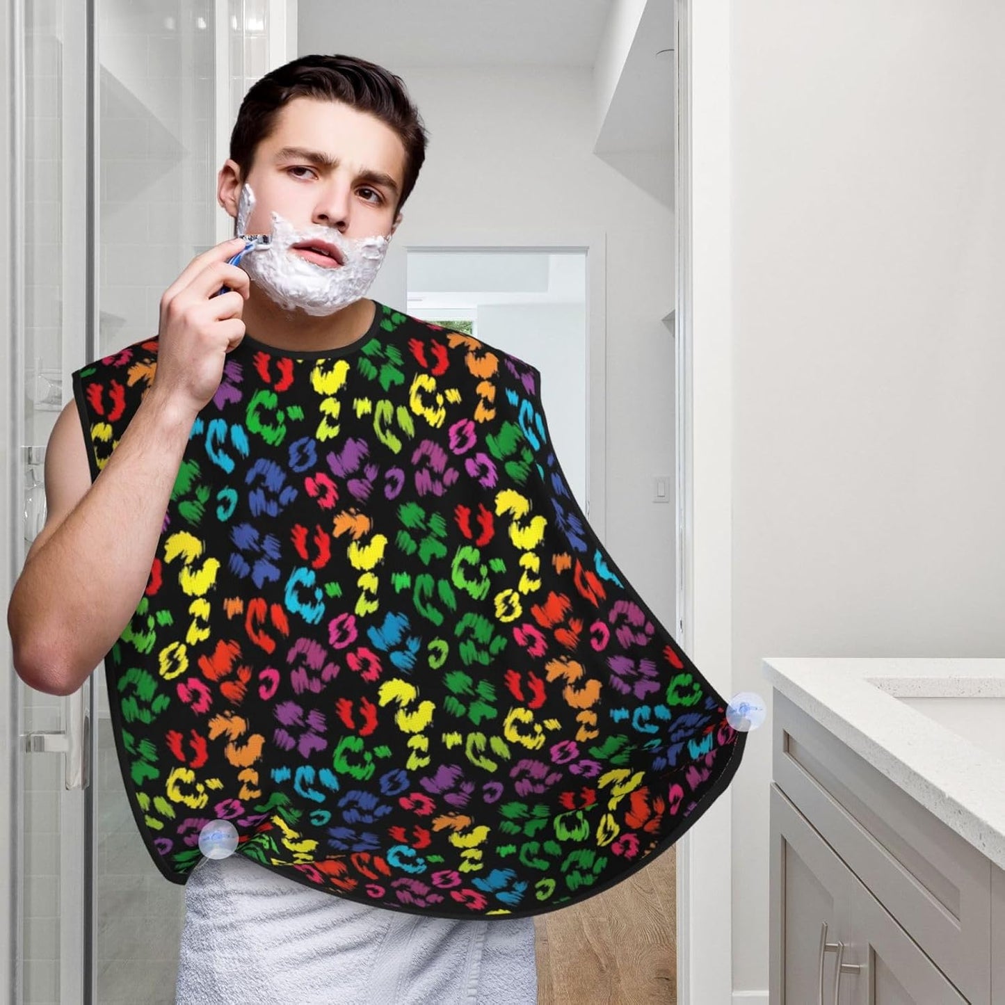 Waterproof Beard Trimming Bib, Non-Stick Hair Catcher for Men Shaving, Grooming Apron for Husband Dad, Black Rainbow Cheetah Leopard Print Shave Bib