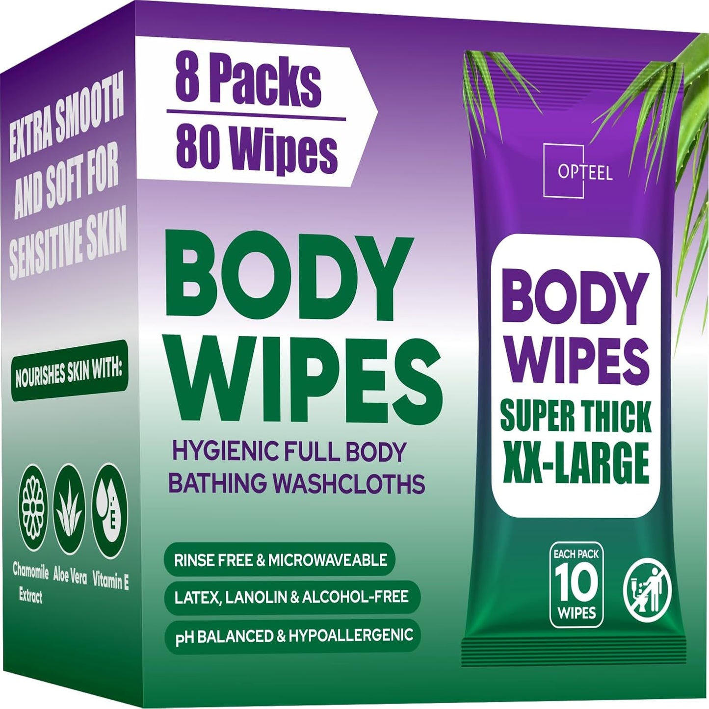 Thick & Large Body Wipes for Adults Bathing No Rinse – Shower Wipe, Ideal for Men, Women & Elderly – Soft & Gentle, Travel Wipes Perfect Alternative to Shower – 8 Packs (80ct)
