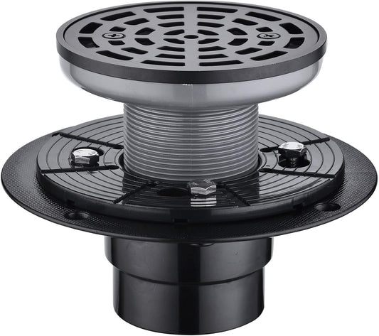 RANDOM Round Shower Drain Kit Matte Black with Adjustable Base Flange,4 Inch Shower Drain Cover with Threaded Adapter,Removable Invisible Look 304 Stainless Steel
