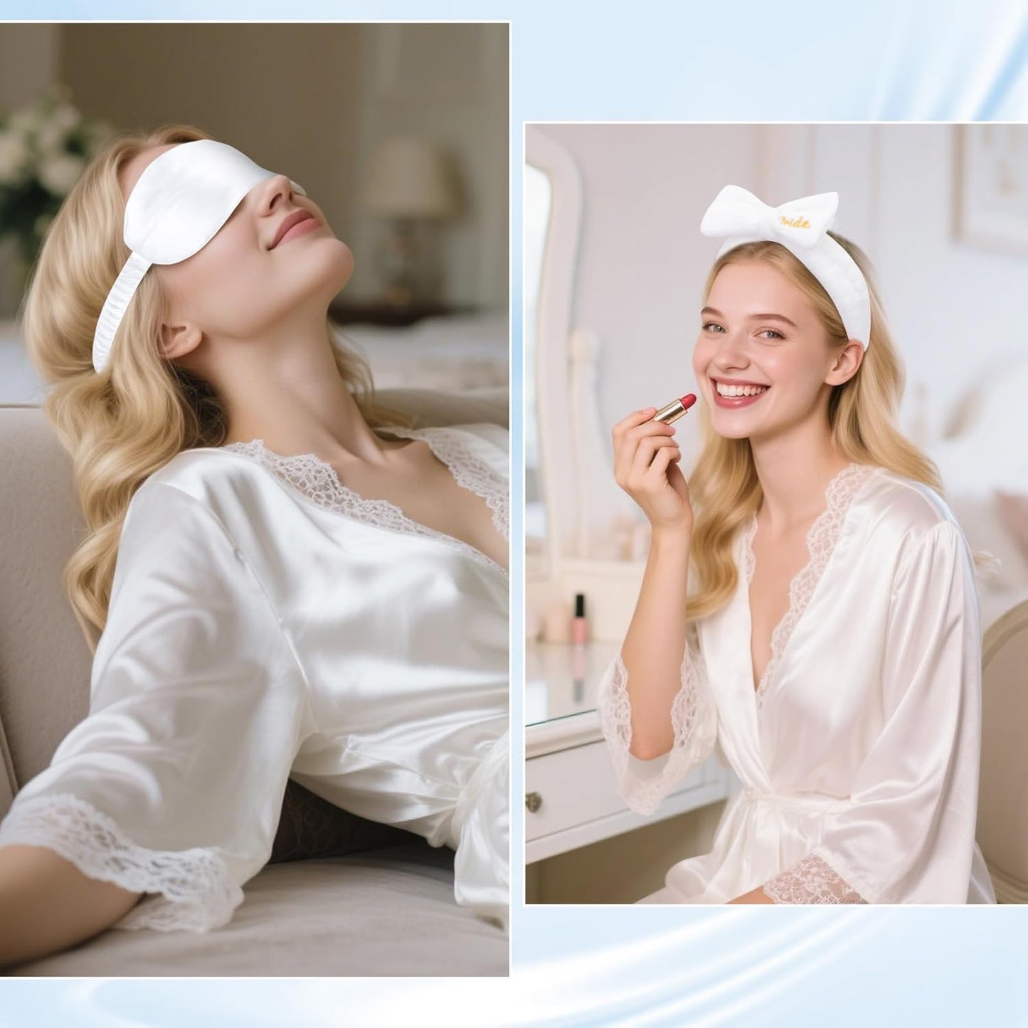 Wecoe 12pcs/set Bow Spa Headbands & Eye Masks - Bachelorette Party Favors, Bridal Shower & Bridesmaid Proposal Gifts(White, Blue)