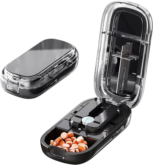 Portable Pill Cutter with Adjustable Slots – Multi Pill Splitter for Small & Large Tablets, Stainless Steel Blade, Clear Cut, Non-Slip Design, Easy to Use for Weekly Medication(Black, 1/4)