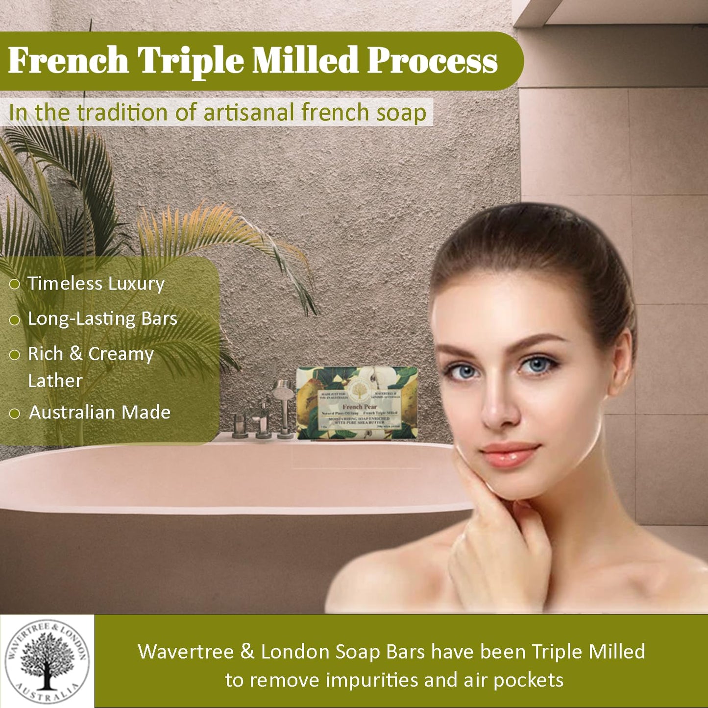 Wavertree & London French Pear Scented Natural Soap (8 Bars), 7oz Moisturizing French Triple Milled Soap Bars enriched with shea butter - Pure Plant Oil Bath & Body Bars for All Skin Types