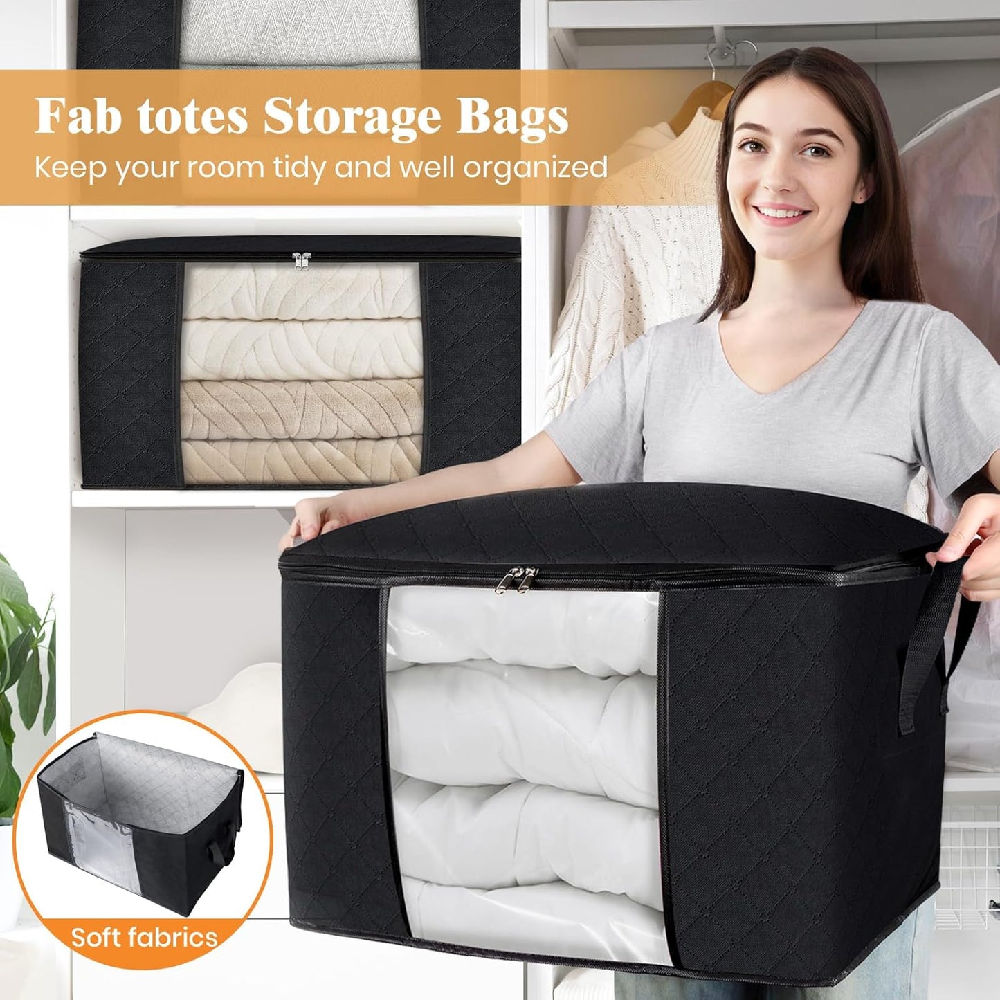 Fab totes 24 Gallons Clothes Storage, Foldable Thick Fabric Blanket Storage Bags, Containers for Organizing Bedroom, Closet, Clothing, Comforter, Organization with Handle (6 Pack,Black)