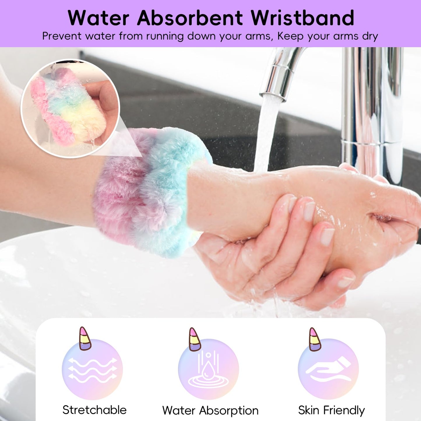 Face Wash Headband Set With Wrist Bands and Hair Scrunchie - Cute Rainbow Elastic Spa Hair Bands for Washing Face, Makeup, Skincare
