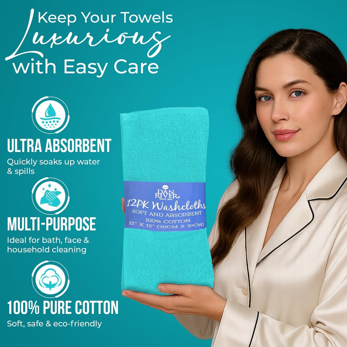 DAN RIVER 100% Cotton Wash Cloths 12 Pack [12x12] Soft & Absorbent face Towel for Showering, Gym, Hotels & Spa Perfect for Everyday Use Fingertip Towels, Turquoise