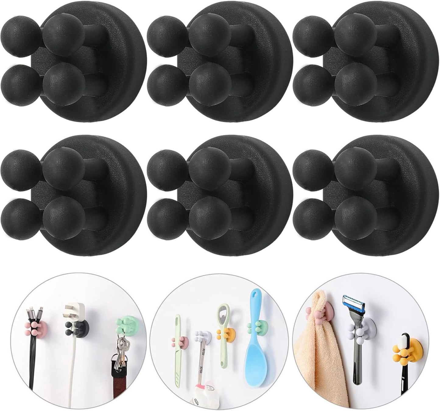 iBetterLife Razor Holder for Shower Wall - 6Pcs Self Adhesive Silicone Toothbrush Holders Wall Mounted Multi-function Cute Utility Hook for Hanging Towel for Bathroom Kitchen Living Room Office, Black