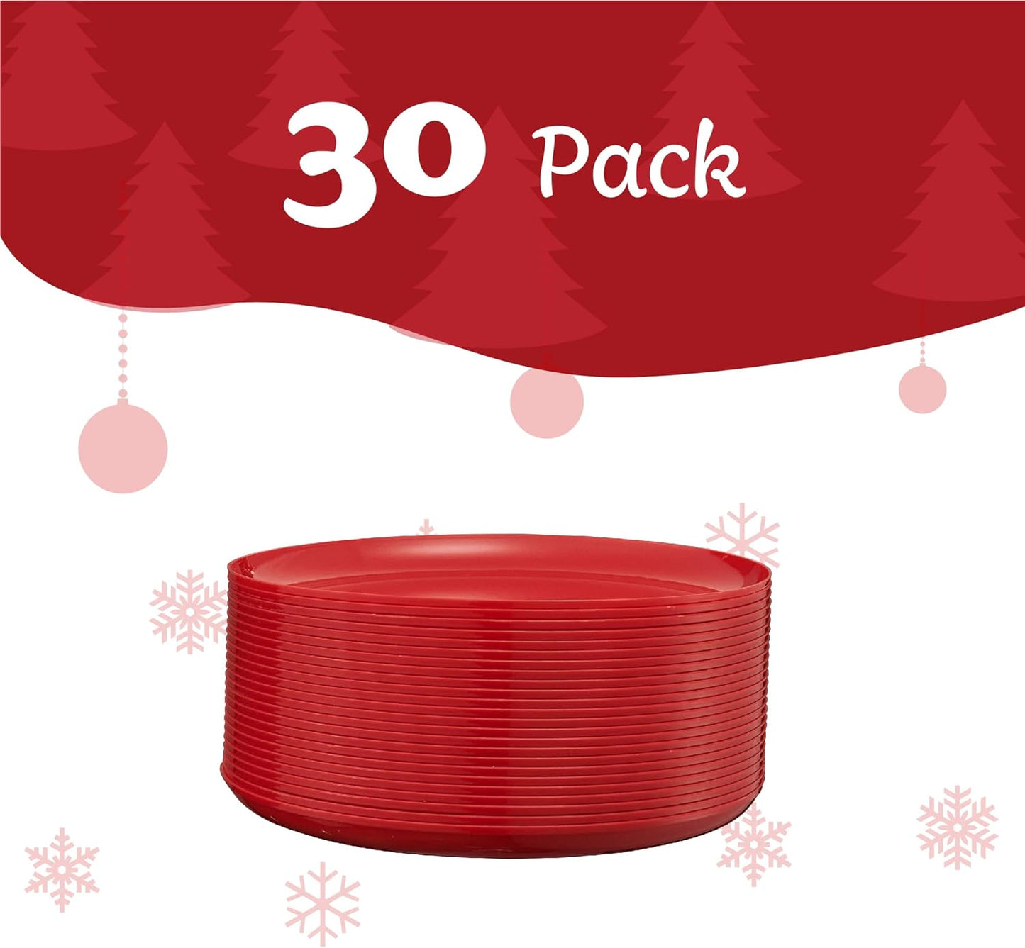 PLASTICPRO 30 Pack 6.3'' Christmass Plates Red Plastic Party Plates Edge Collection Premium heavyweight Elegant Disposable Tableware Dishes