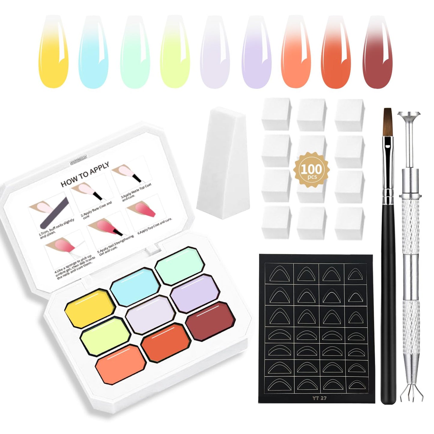 Gentle Color Gradient Painting Gel 9 Colors Ombre Gel Paired With 100PCS Nail Sponges & Grabbing Pen, Soft And Easy To Shoot, Even Beginners DIY Nail Can Handle Ombre Gel Nail Polish Ombre (5)