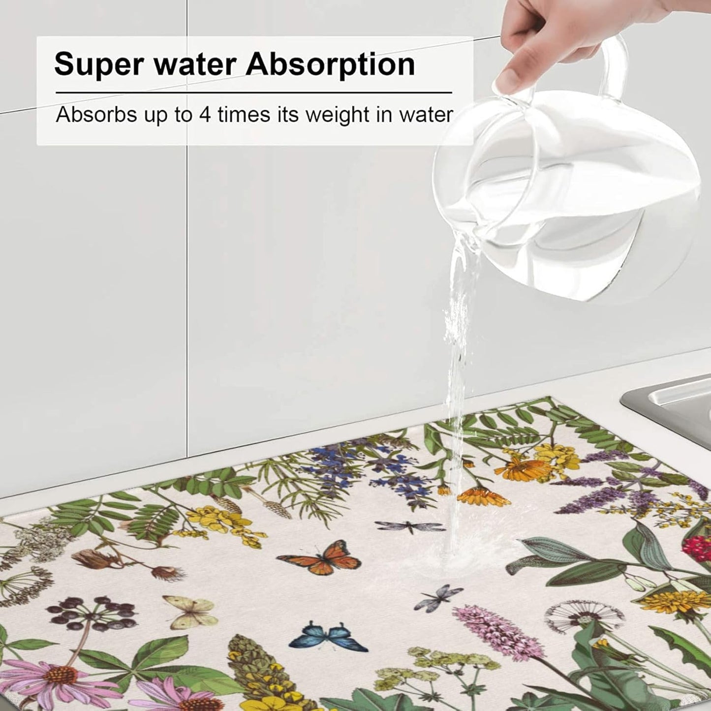 Wild Flower Herbs Dish Drying Mat For Kitchen Counter Absorbent Large Kitchen Fast Dry Pad Reusable Washable Protector Rack Large Mat 18 X 24