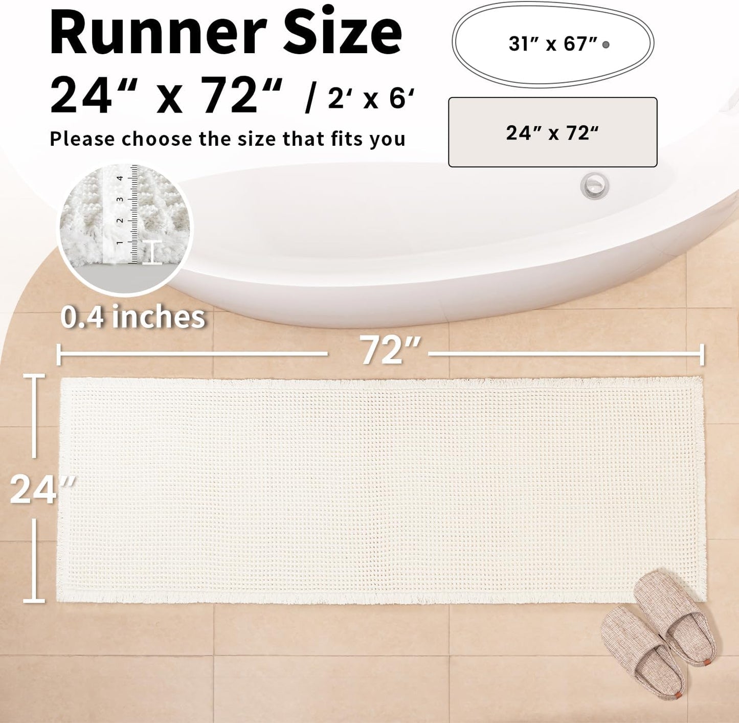 White Long Bathroom Rugs, Waffle Runner Bath Mat Non Slip Washable, Super Absorbent & Quick Dry, Boho Bath Mat Farmhouse Bathroom Decor, 24'' x 72'', White