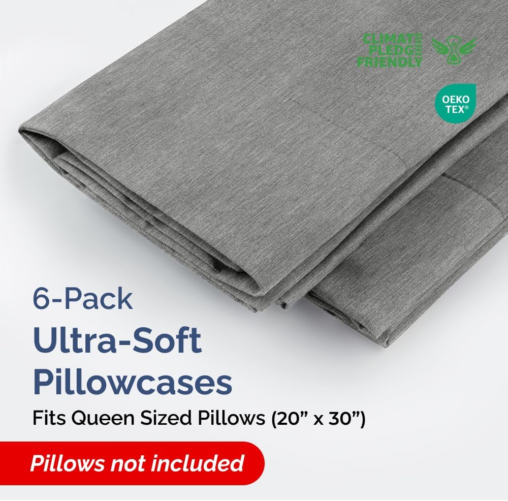 Queen Pillow Cases Set of 6 - Ultra Soft Hotel Quality Pillowcase Covers - Comfy & Wrinkle Free - Shrink, Stain and Fade Resistant - Machine Washable Pillow Protectors - 6 Piece Set - Heathered Grey