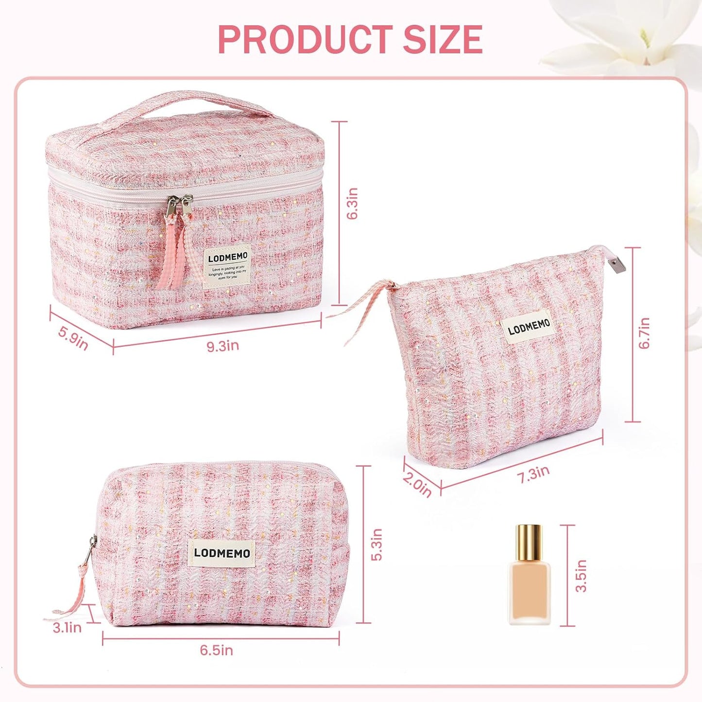 Makeup Bag 3 PCS Quilted Cosmetic Bags for Women, Large Travel Make up Bag Set Cute Cotton Toiletry Bag Organizer Pouch for Purse, Pink