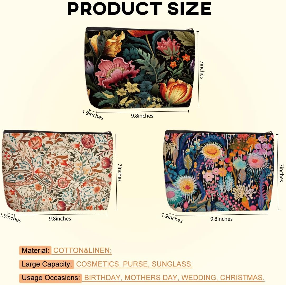 3pcs Colorful Flower Makeup Bag, Abstract Botanical Flower Cosmetic Bag, Christmas Wedding Anniversary Birthday Friendship Gifts for Women Girls Best Friends Sister Bestie Grandma Travel Toiletry Bag