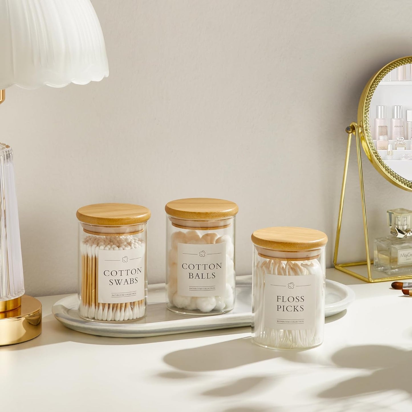 3 Pack Qtip Holder Dispenser - Glass Apothecary Jars with Lids, Cotton Ball Pad Swab Round Holder, Bamboo Bathroom Accessories, Bathroom Organizers Containers Jars Canisters with Lids