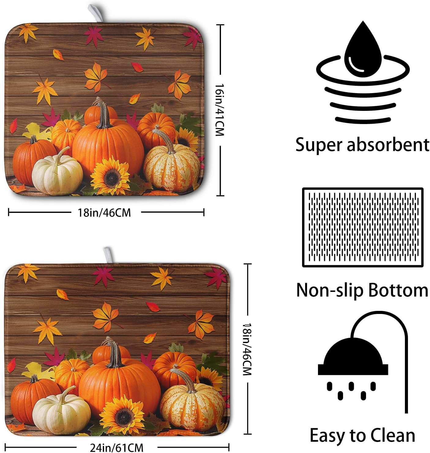 AutumnThanksgiving Pumpkin Dish Drying Mat for Kitchen Counter 16x18 Inch Fall Sunflowers Maple Leaves Harvest Kitchen Drying Mat Microfiber Super Absorbent Dish Rack Drainer Mat with Hanging Loop