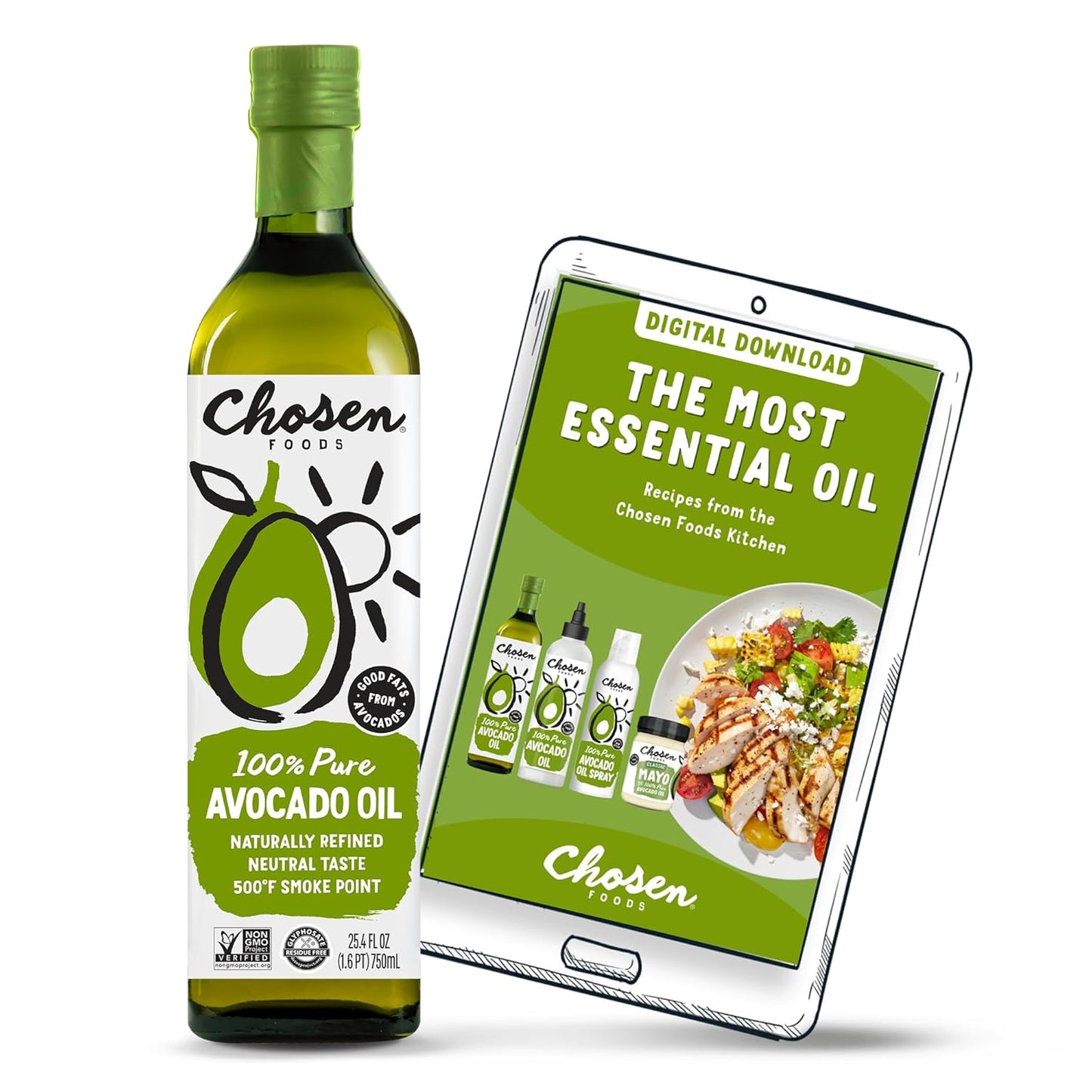 Chosen Foods 100% Pure Avocado Oil for Cooking - 25.4 floz - Rich in Good Fats, Naturally Refined, High Smoke Point, Non-GMO, Soy-Free, Canola Oil-Free, Gluten-Free, Keto + Recipe eBook