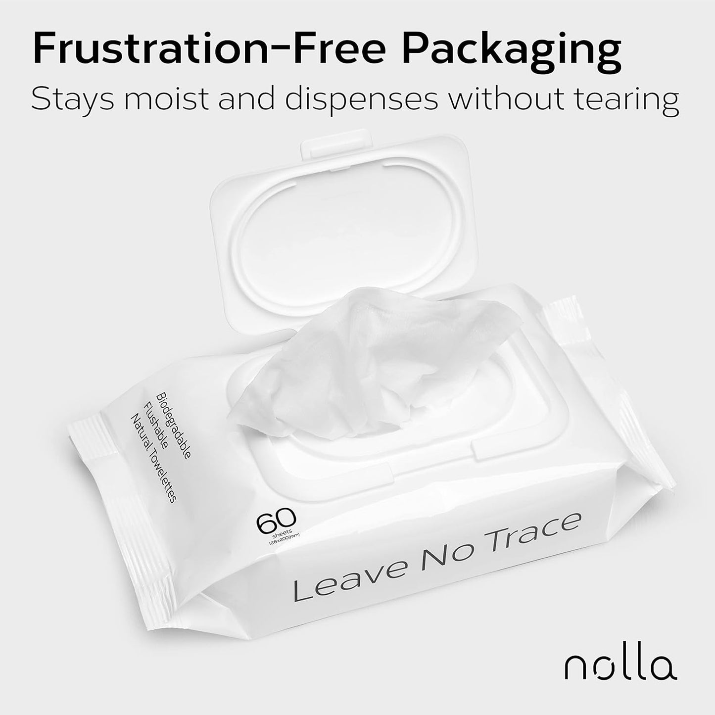 Nolla Flushable Wipes - 100% Plant-Based and Biodegradable - Soft, Unscented + Soothing Aloe and Vitamin E - For Adults and Kids 180 Count (3 Packs of 60)