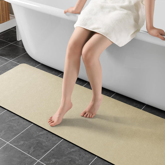 Beige Long Bathroom Mat Rugs 59x17 Long Diatomaceous Earth Bath Mat Large Quick Dry Bath Mat Non Slip Rubber Backed Super Absorbent Shower Mat, Thin Bathroom Runner Rugs Floor Mat Fit Under Door